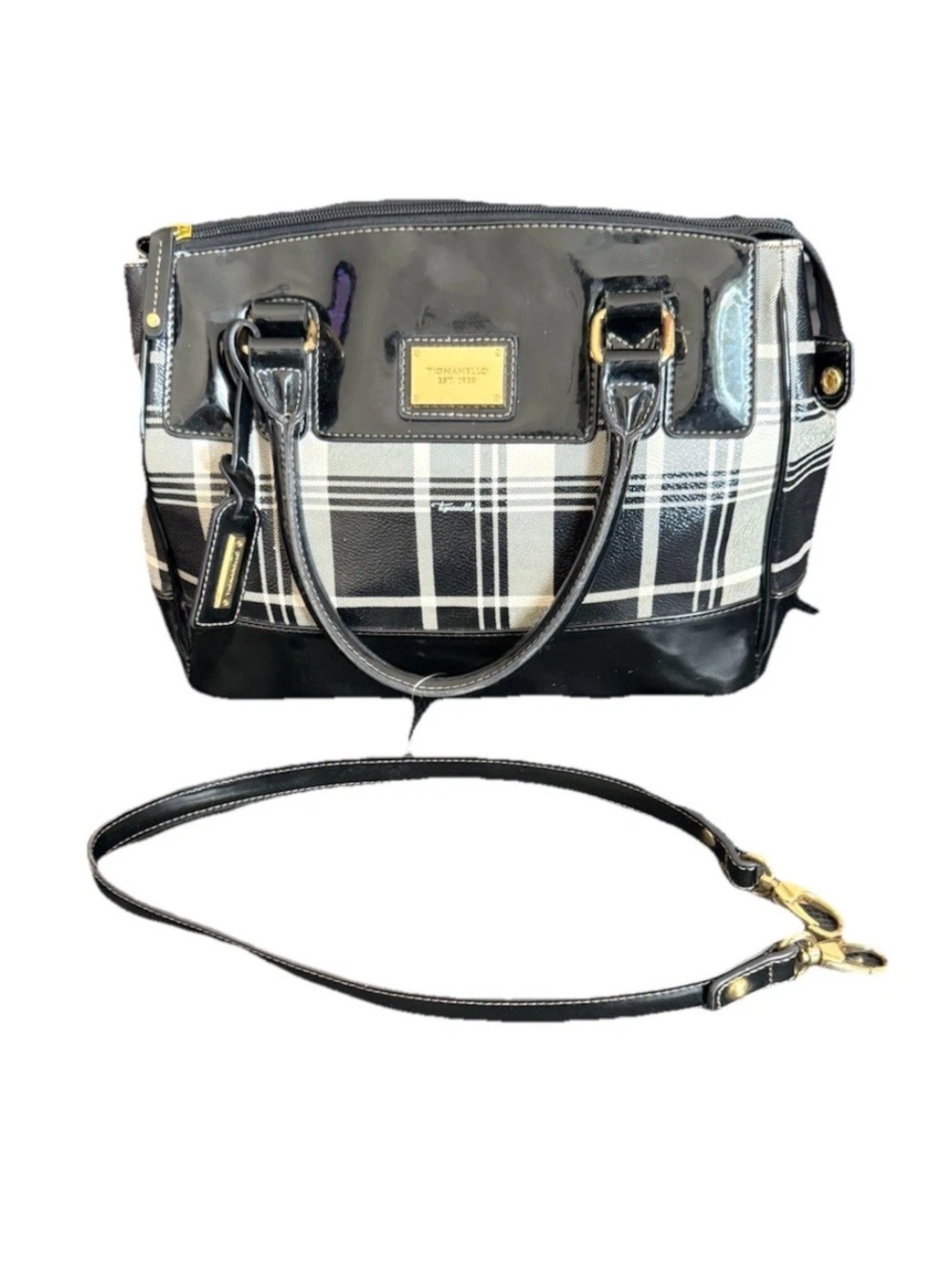 Tignanello Black Plaid Patent Leather Satchel Handbag Shoulder Social Status